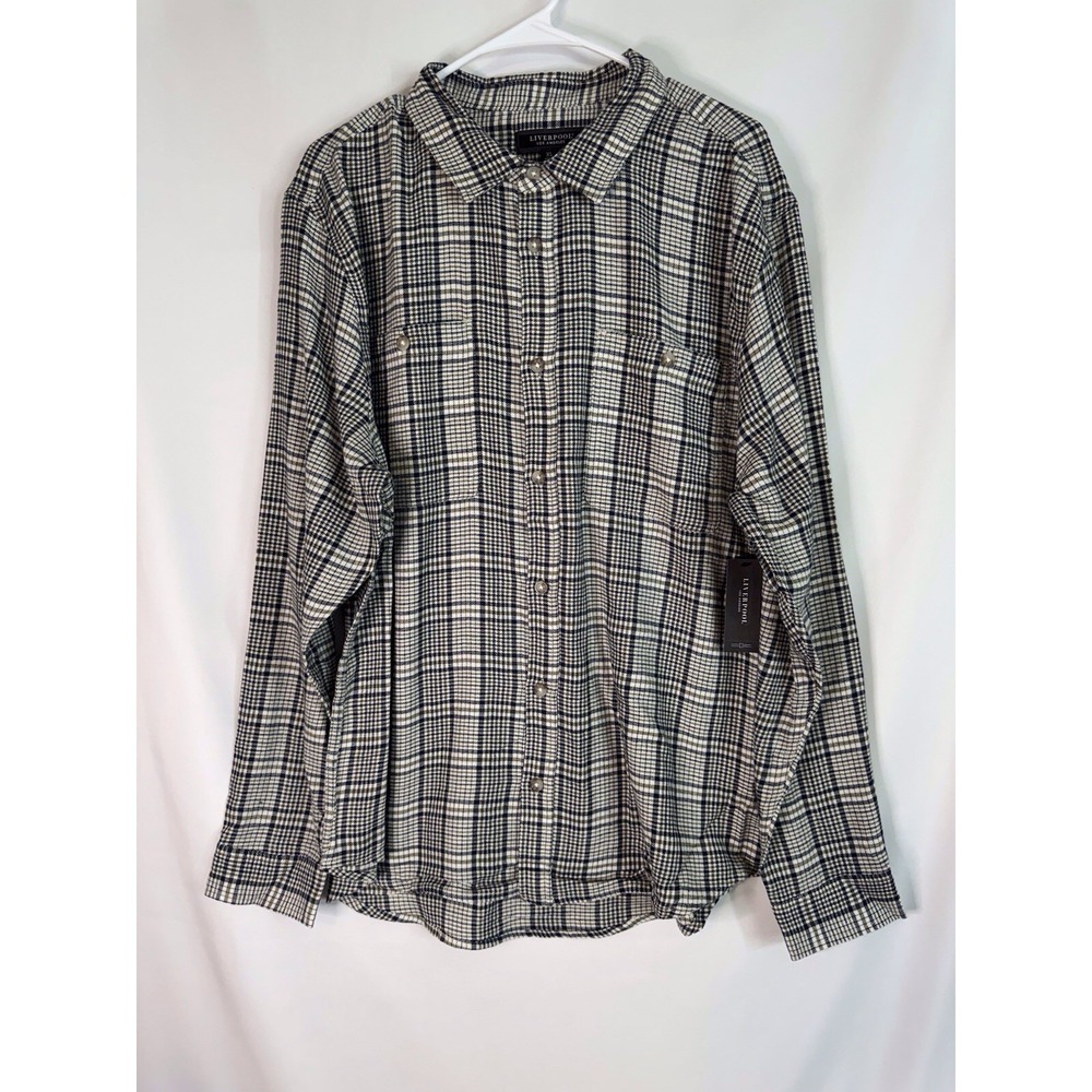 Liverpool Plaid Button Down Shirt XL NWT Black Cream Long Sleeve Collared Top
